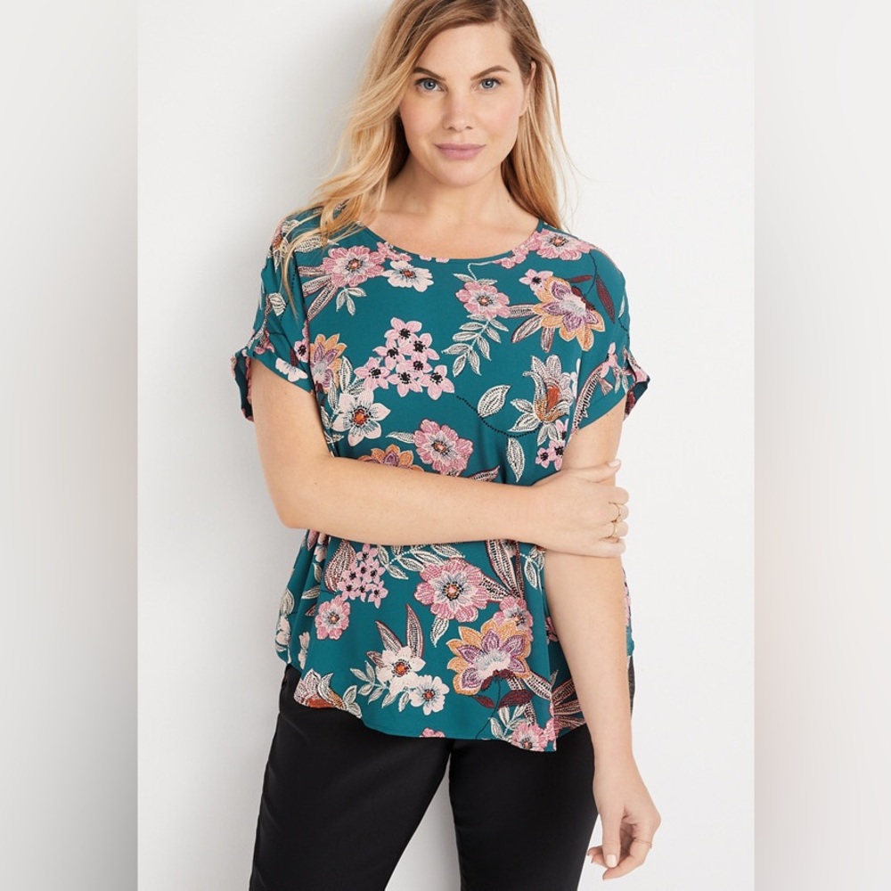 Maurices Teal Floral Zipper Back Blouse Plus Size 2X Relaxed Fit Poly Scoop Neck